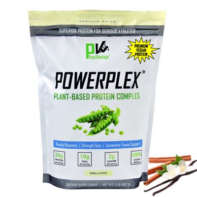 PhysiVantage POWERPLEX Vegan Protein Powder, Collagen Alternative - Organic Plant-Based Pea &amp; Rice Protein, Dairy-Free, Non-GMO, Supports Muscle &amp; Joint Recovery, Monk Fruit Sweetened 2 lb (Vanilla)