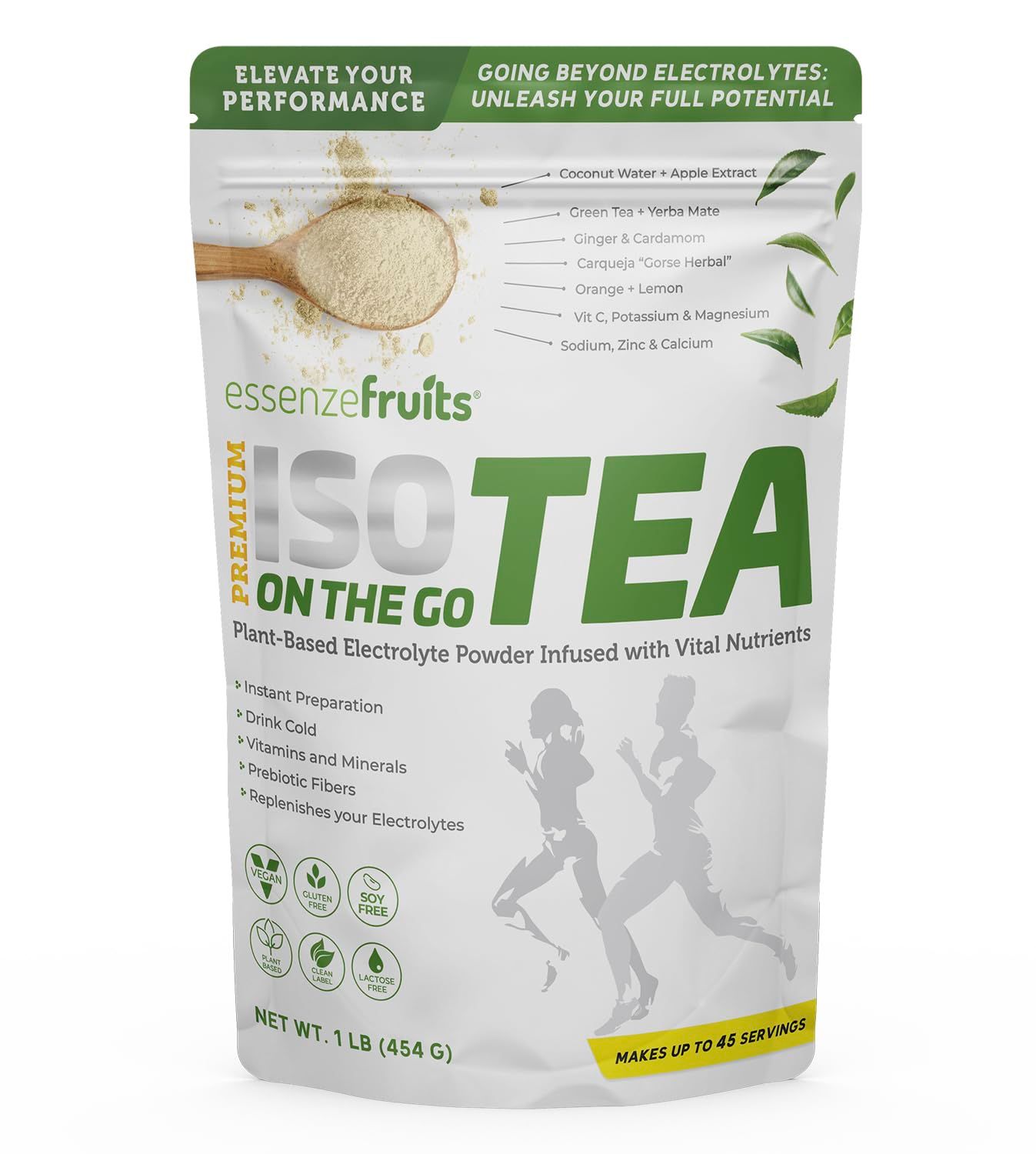 Essenzefruits ISOTEA Plant-Based Electrolytes Powder &amp; Hydration - Daily Drink - Low Sodium and Stevia Free 1 lb (454 g) Pack - Made with 9 Superfoods + 5 High Performance Minerals (45 Servings)
