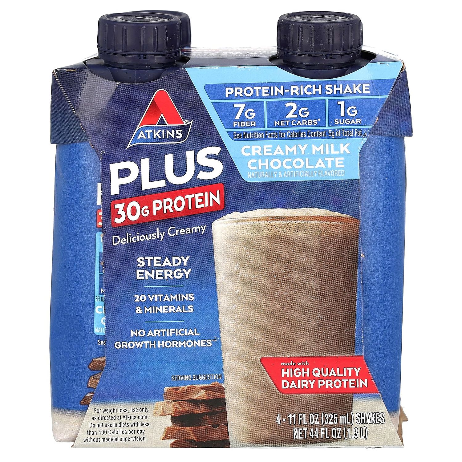 Atkins, PLUS Protein &amp; Fiber High Protein Shake, Creamy Milk Chocolate, 4 - 11 ounce bottles( 44 fl ounces )