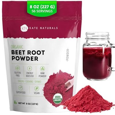Kate Naturals Beet Root Powder Organic for Smoothie &amp; Energy Boost. Nitric Oxide Supplement for Workout (8oz, Earth Flavor, Mix with Juice Easily)