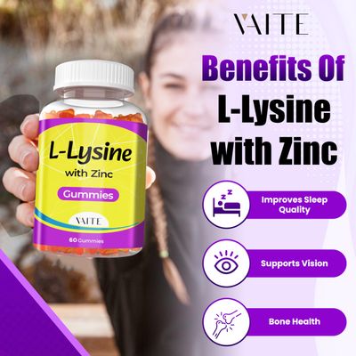 L-Lysine 1000mg Gummies with Zinc - Supports Skin, Lip, Vegan, Gluten Free, 60 Chewable Lysine for Adults, Vitamins Tissue Health & Immune System, Amino Acid & Complex Supplements, Non-GMO