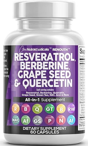 Clean Nutraceuticals Resveratrol Berberine Grape Seed Extract Quercetin Green Tea Extract Polyphenol Supplement for Women &amp; Men w/N-Acetyl Cysteine, Acai Extract - 60 Cap
