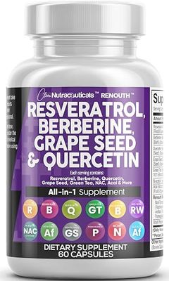 Clean Nutraceuticals Resveratrol Berberine Grape Seed Extract Quercetin Green Tea Extract Polyphenol Supplement for Women &amp; Men w/N-Acetyl Cysteine, Acai Extract - 60 Cap