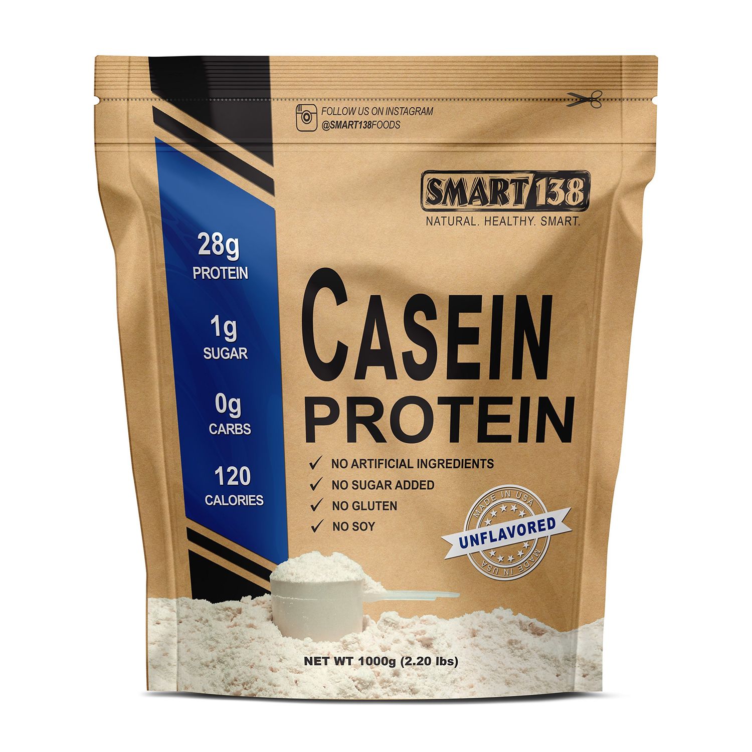 Smart138 100% Pure Micellar Casein Protein, No Junk No Fillers - Cold Processed, Gluten-Free, RBST/rBSH-Free, Non-GMO, USA, Keto, Zero Carb, Natural BCAAs (1000g / 2.2lbs, Unflavored)