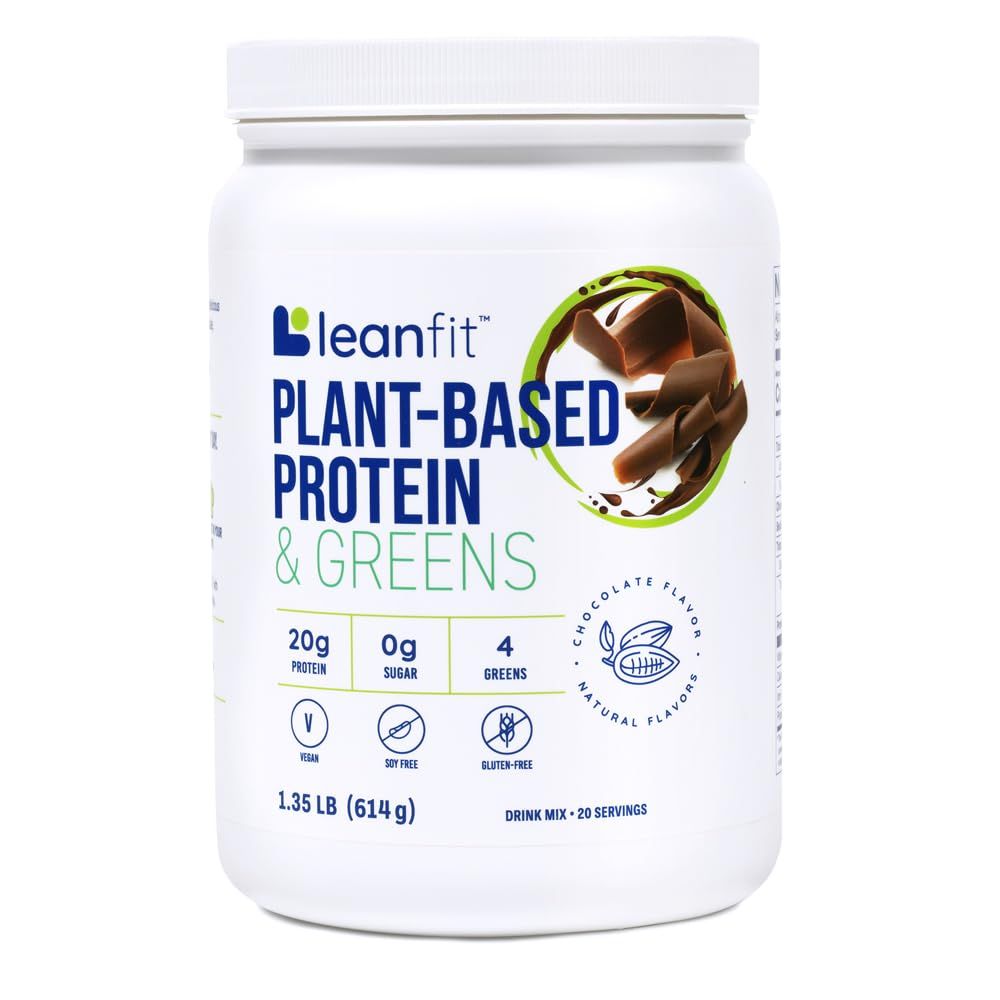 LeanFit Plant-Based Protein &amp; Greens, Natural Chocolate, 20g Protein, 20 Servings, 1.35 Pound Tub