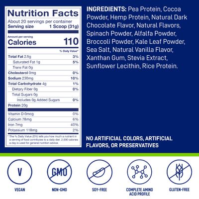 LeanFit Plant-Based Protein &amp; Greens, Natural Chocolate, 20g Protein, 20 Servings, 1.35 Pound Tub