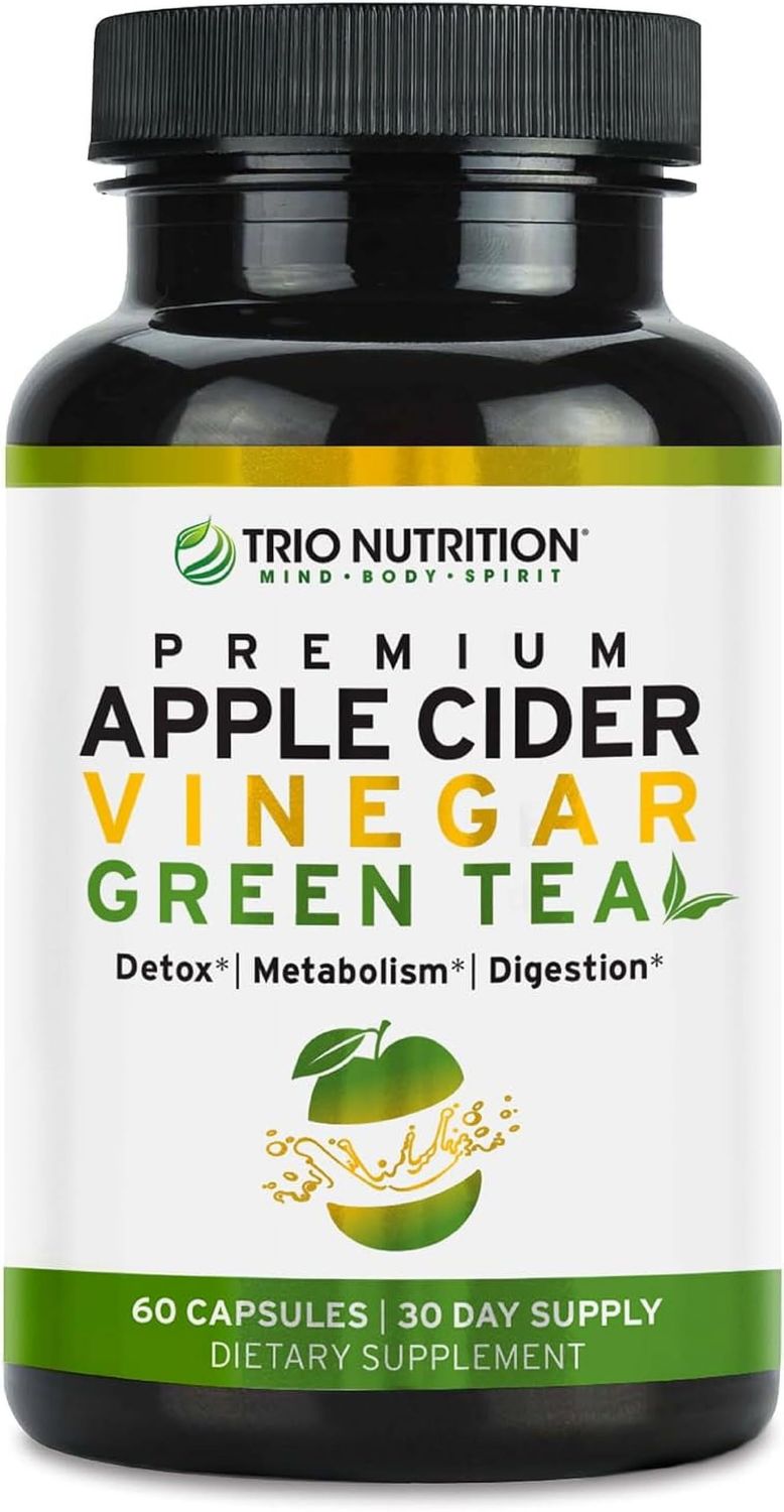 TRIO NUTRITION Apple Cider Vinegar Capsules with Green Tea - Sugar Free Apple Cider Vinegar Pills with The Mother for Body Cleanse, Immune, Weight Management &amp; Metabolism Support*