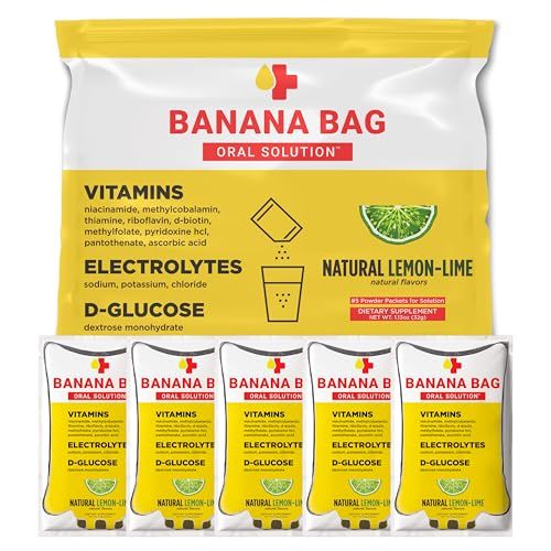 Banana Bag Oral Solution - Pharmacist Hydration Recovery Formula - Electrolyte &amp; Vitamin Powder Packet Drink Mix - Natural Lemon Lime - Pack of 5