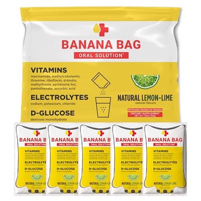 Banana Bag Oral Solution - Pharmacist Hydration Recovery Formula - Electrolyte &amp; Vitamin Powder Packet Drink Mix - Natural Lemon Lime - Pack of 5