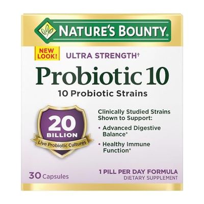 Natures Bounty Probiotic 10, Ultra Strength Daily Probiotic Supplement, Support for Digestive, Immune and Upper Respiratory Health, 1 Pack, 30 Capsules