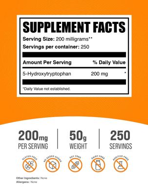 BulkSupplements.com 5-HTP Powder - 5-Hydroxytryptophan, 5 HTP Supplement - 5-HTP 200mg, Mood Support Supplement - Gluten Free, 200mg per Serving, 50g (1.8 oz) (Pack of 1)
