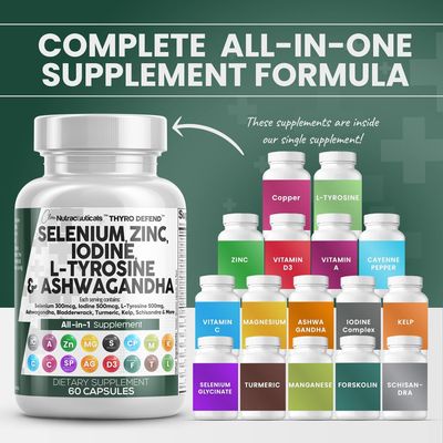 Clean Nutraceuticals Selenium 300mcg Zinc 50mg Iodine 500mcg L Tyrosine 500mg Ashwagandha - Thyroid Support Supplement for Women & Men w/Bladderwrack, Turmeric, Kelp, Schisandra - 60 Capsules