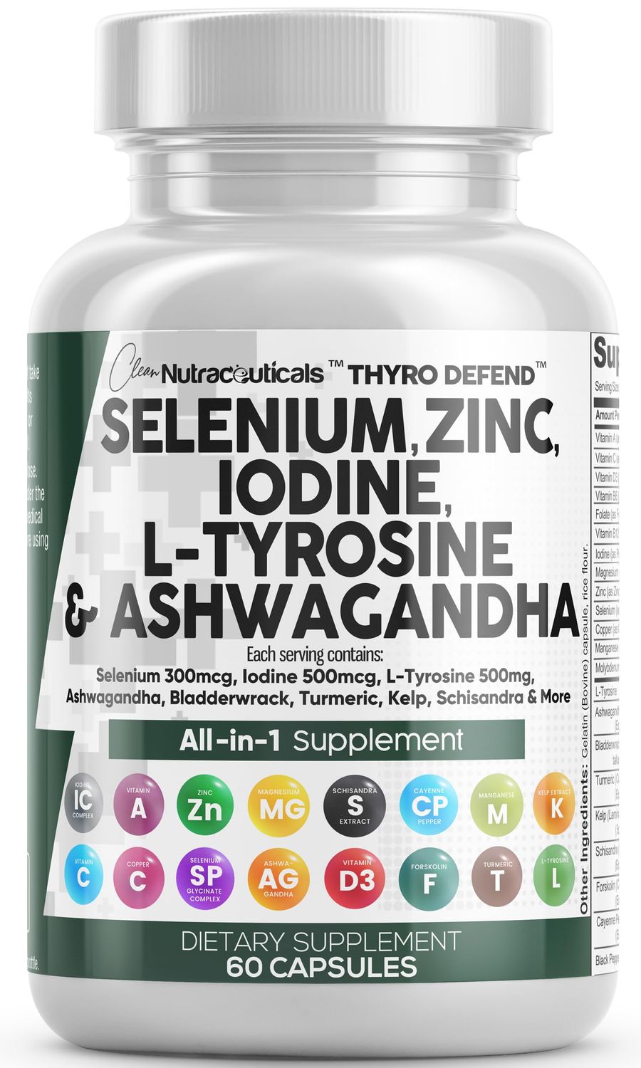 Clean Nutraceuticals Selenium 300mcg Zinc 50mg Iodine 500mcg L Tyrosine 500mg Ashwagandha - Thyroid Support Supplement for Women &amp; Men w/Bladderwrack, Turmeric, Kelp, Schisandra - 60 Capsules