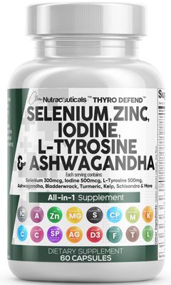 Clean Nutraceuticals Selenium 300mcg Zinc 50mg Iodine 500mcg L Tyrosine 500mg Ashwagandha - Thyroid Support Supplement for Women &amp; Men w/Bladderwrack, Turmeric, Kelp, Schisandra - 60 Capsules