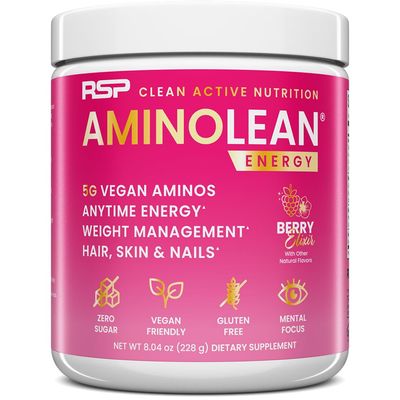 RSP NUTRITION AminoLean Pre Workout, Clean Energy with No Jitters, Tingles or Crash, Vegan Friendly with Added Biotin for Hair, Skin, Nails, Berry Elixir, 30 Servings