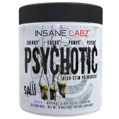 Insane Labz Psychotic Saw, High Stim Pre Workout Powder with OxyGold and AMPiberry, Extreme Lasting Energy with Teacrine, Focus with CognitIQ and Endurance with Beta Alanine, 30 Srvgs, Grape