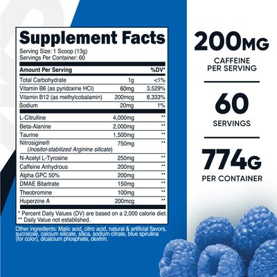 Nutricost Pre-Workout Complex Powder (60 Servings, Blue Raspberry) - Pre-Workout Supplement with Beta-Alanine, Taurine &amp; Amino Acids
