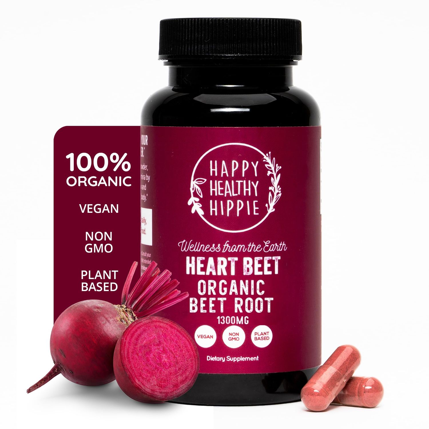 Organic Beet Root Capsules [1,300mg Superfood] - Blood Pressure Support Supplements, Beet Root Powder - Nitric Oxide Supplement, Blood Flow &amp; Blood Circulation | Antioxidant, Brain Food | Vegan, 60 Ct