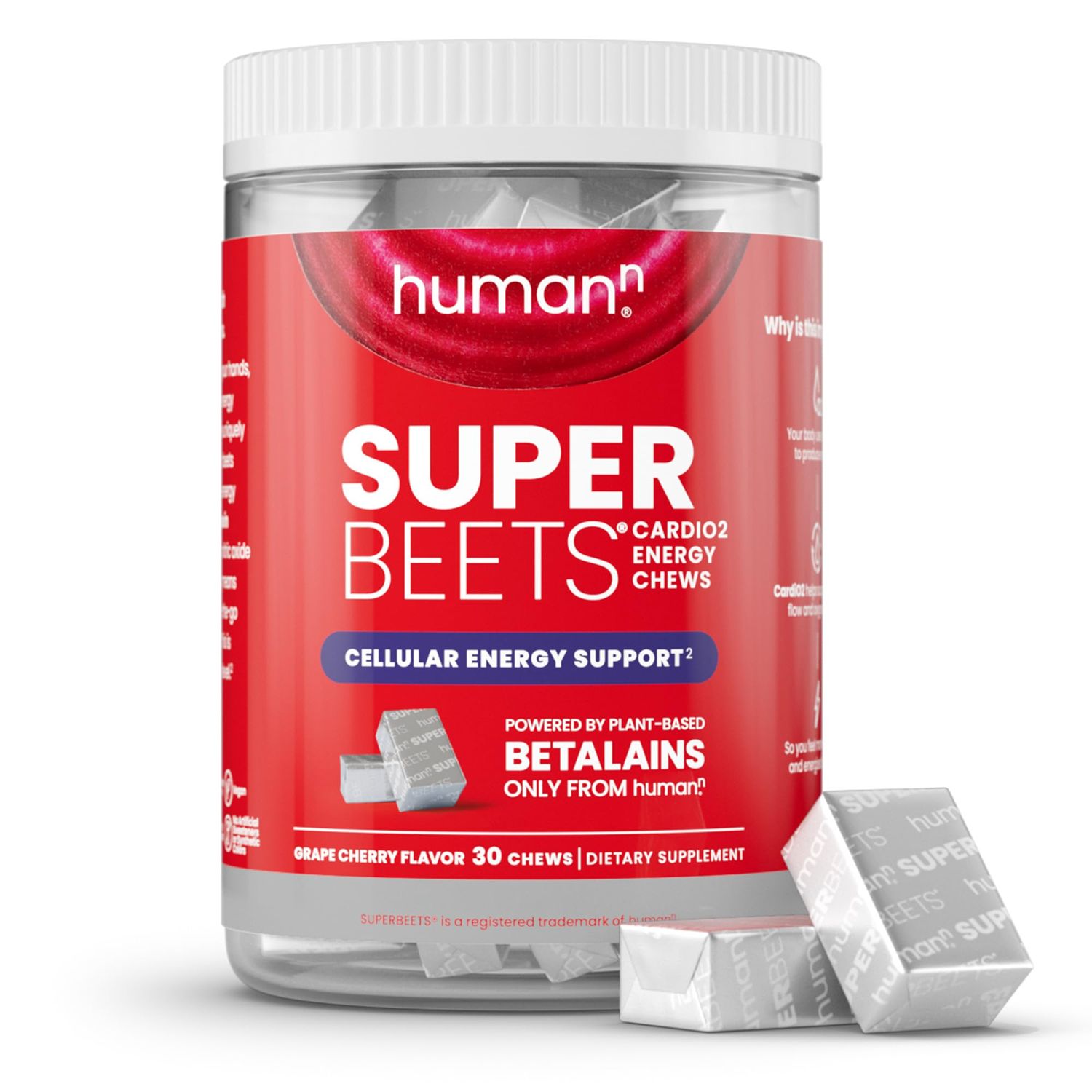 humanN SuperBeets CardiO2 Beet Energy Chews - Betalains Compound to Support Heart Healthy Energy &amp; Blood Flow - Plant Based - No Caffeine or Stimulants - Grape Cherry Flavor - 30 Servings
