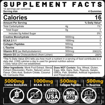 Creatine Monohydrate Gummies 5g for Men & Women, 7000mg with BCAA, Collagen Peptides, L-Taurine, Vitamin B12, D3, Chewables Creatine for Muscle, Delicious Natural Lemon Flavor, Sugar Free, 2 Pack