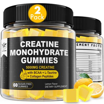 Creatine Monohydrate Gummies 5g for Men &amp; Women, 7000mg with BCAA, Collagen Peptides, L-Taurine, Vitamin B12, D3, Chewables Creatine for Muscle, Delicious Natural Lemon Flavor, Sugar Free, 2 Pack
