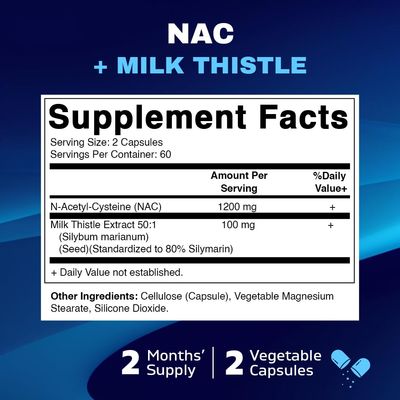 Vitamatic NAC Supplement N-Acetyl-L-Cysteine (NAC) with Milk Thistle 50:1 Extract - Supports Immune, Respiratory, Liver Health, 1200 mg per Serving, 120 Veg Capsules
