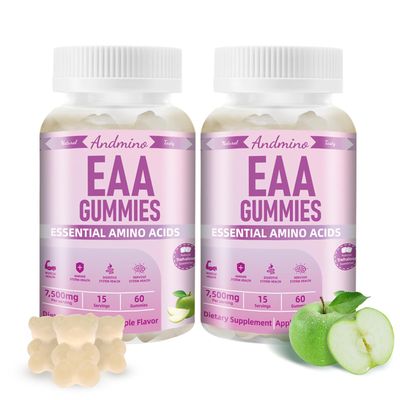 andmino EAA Gummies 7500 mg, BCAA Gummies with Trehalose, Amino Acids Supplement for Muscle, Immune, Nervous &amp; Digestive Health, for Adults &amp; Kids, Non-GMO, Vegan, Gluten Free, Apple Flavor, 120