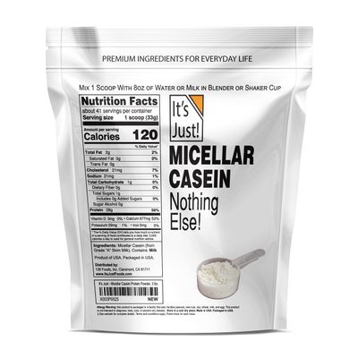 It's Just! - 100% Casein Protein Powder, Made in USA, One Ingredient, Slow Burning, Time Release, 6.9g BCAAs, 1g Carb, Non-GMO (Unflavored, 3lbs/48oz)