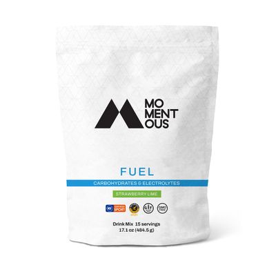 Momentous Fuel Intra-Workout Carbs &amp; Electrolyte Drink Mix - Hydration Powder for Sustained Energy During Workouts - NSF Certified, GMO-Free, Gluten Free - 15 Servings, Strawberry Lime