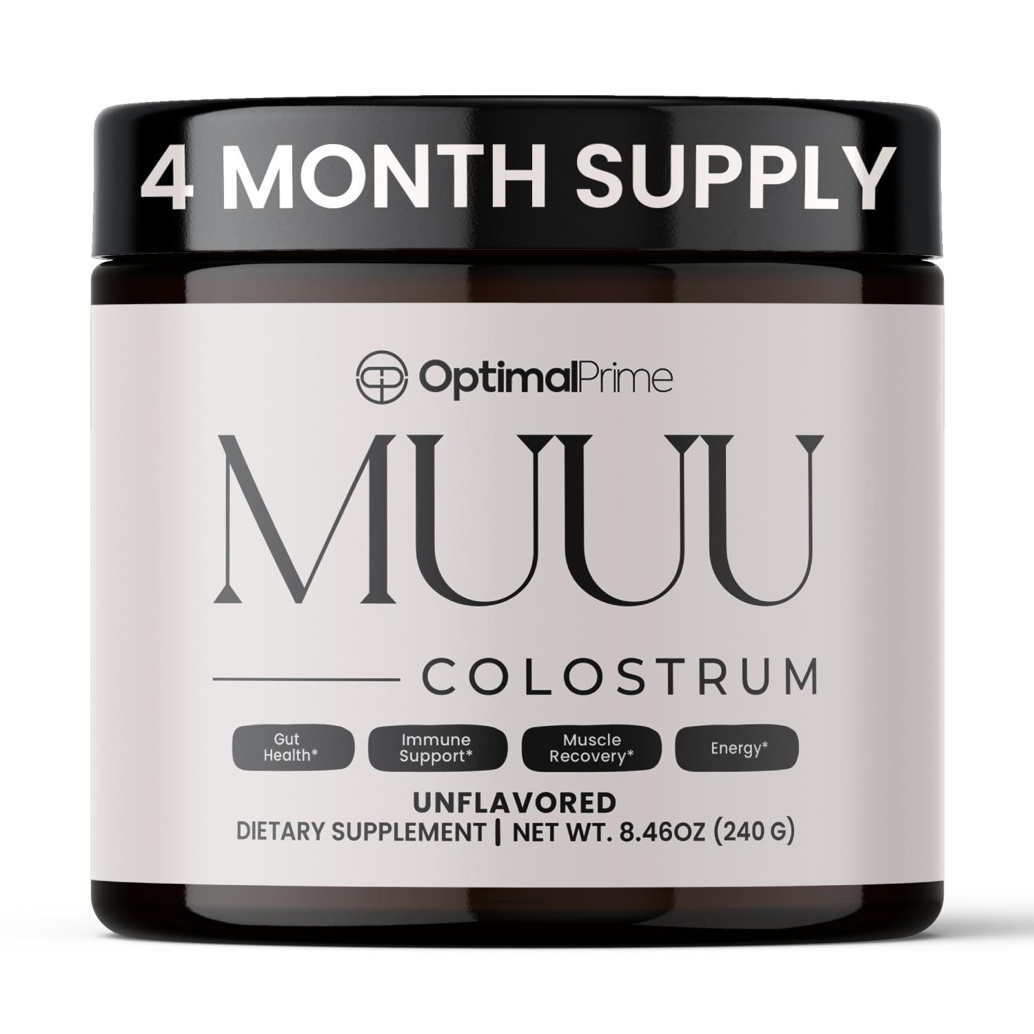 Optimal Prime - MUUU Bovine Colostrum Supplement and Superfood Powder for Gut Health, Bloating, Immune Support, Hair, Skin, and Nails Unflavored, 120 Servings