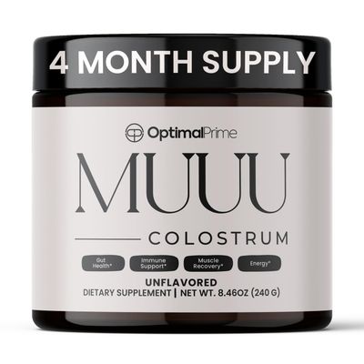 Optimal Prime - MUUU Bovine Colostrum Supplement and Superfood Powder for Gut Health, Bloating, Immune Support, Hair, Skin, and Nails Unflavored, 120 Servings