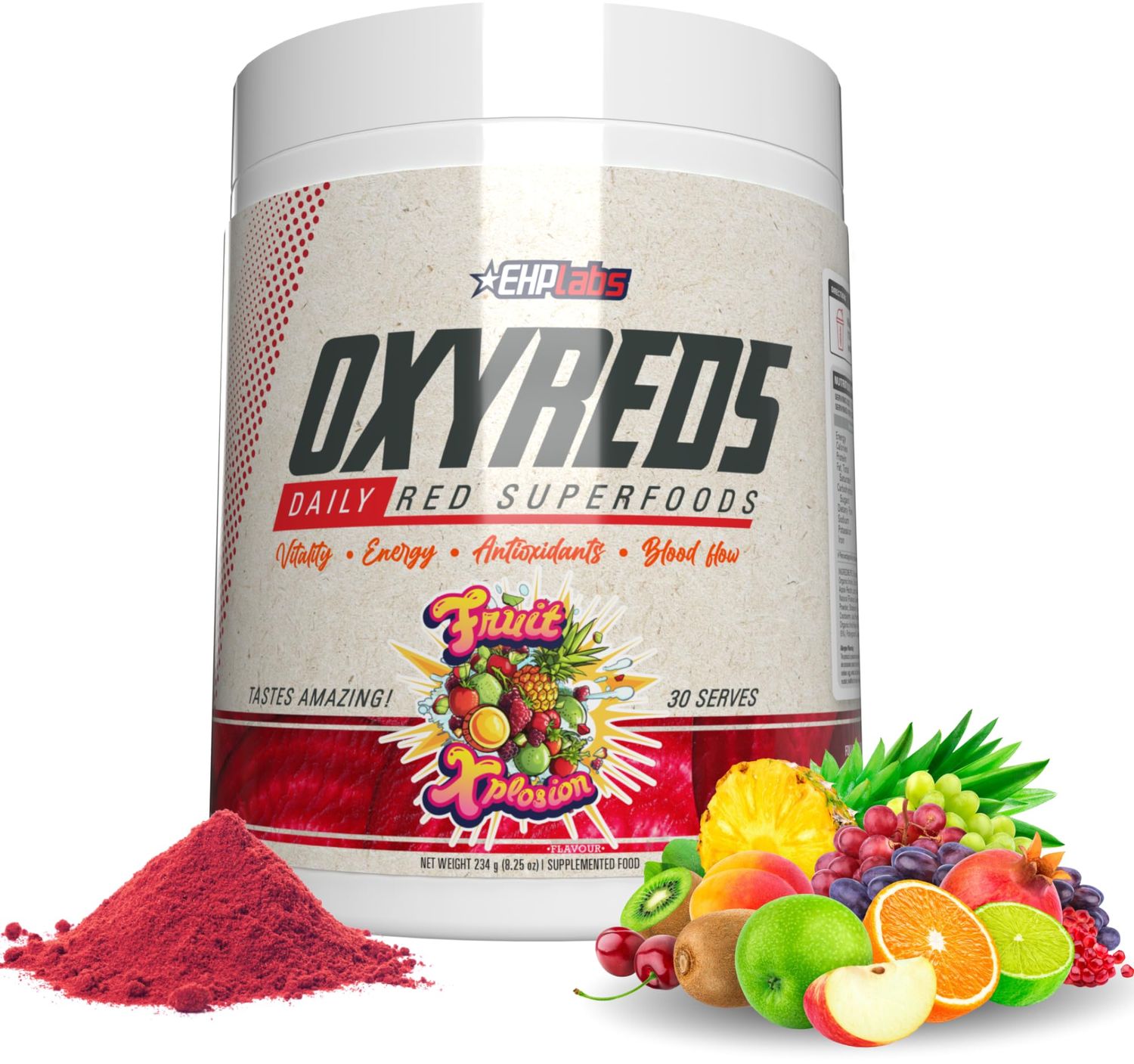 EHP Labs OxyReds Superfood Beets Powder - Nitric Oxide Supplement, Organic Beet Root Powder, Immune Support Supplement &amp; Prebiotics for Digestive Health, Beet Powder - Fruit Xplosion, 30 Servings