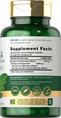 Carlyle Moringa Oleifera | 180 Capsules | Non-GMO and Gluten Free Supplement | Complete Green Superfood | from Moringa Leaf Powder