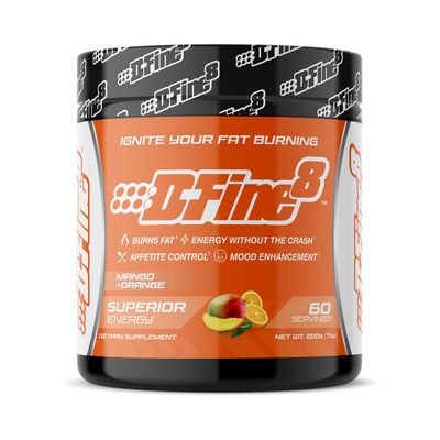 D-Fine8 Thermogenic Pre-Workout Energy Powder &amp; Shredding Supplement, Boost Energy Mood &amp; Focus, Sugar Free, Contains Senactiv, Endurance, 300mg Caffeine, N-Acetyl-L-Tyrosine (Mango Orange)