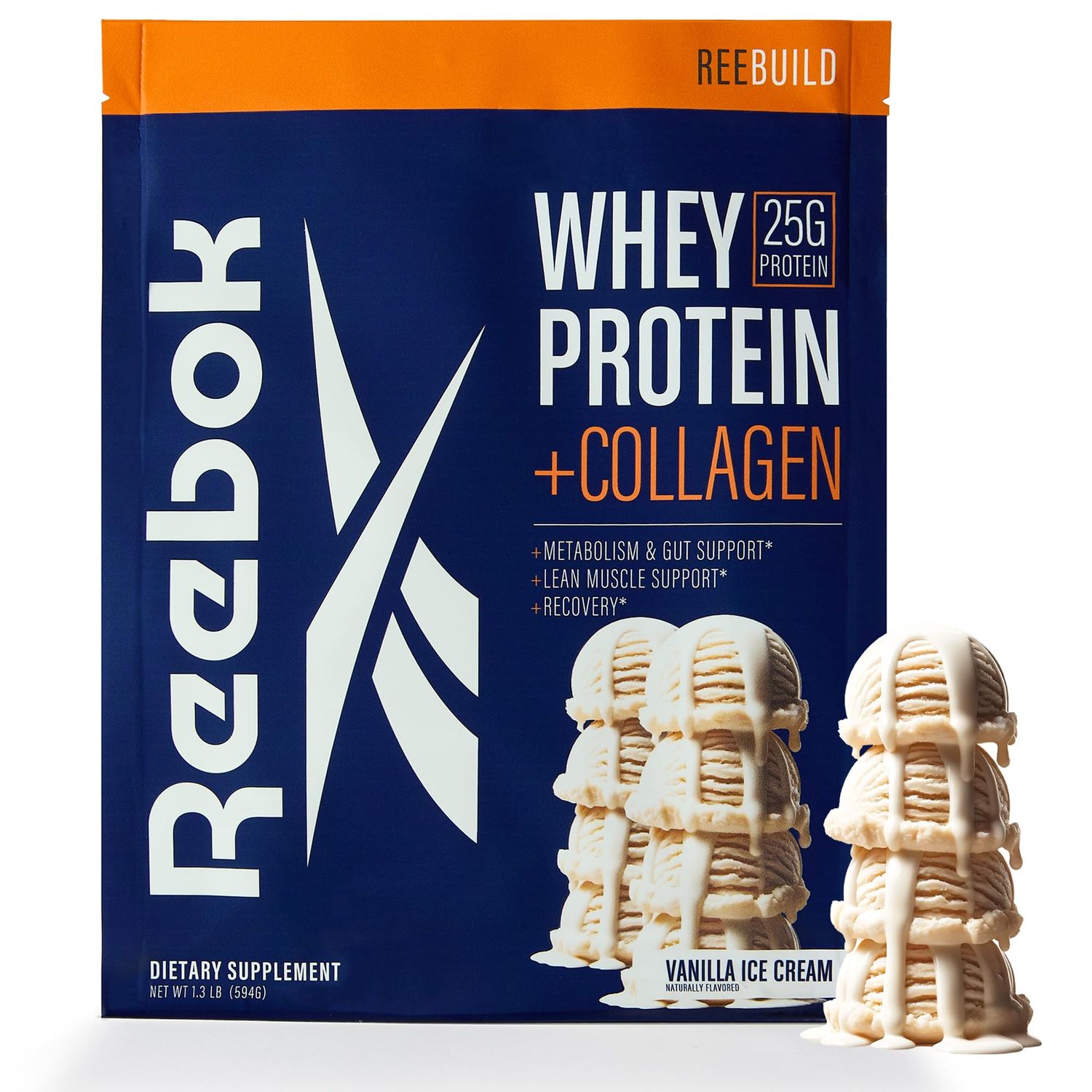 Reebok ReeBuild Whey Protein + Collagen | 25g Protein, 9 Essential Amino Acids | Muscle Growth, Joint Health | Metabolism &amp; Gut Support | Athletic Recovery | Vanilla Ice Cream