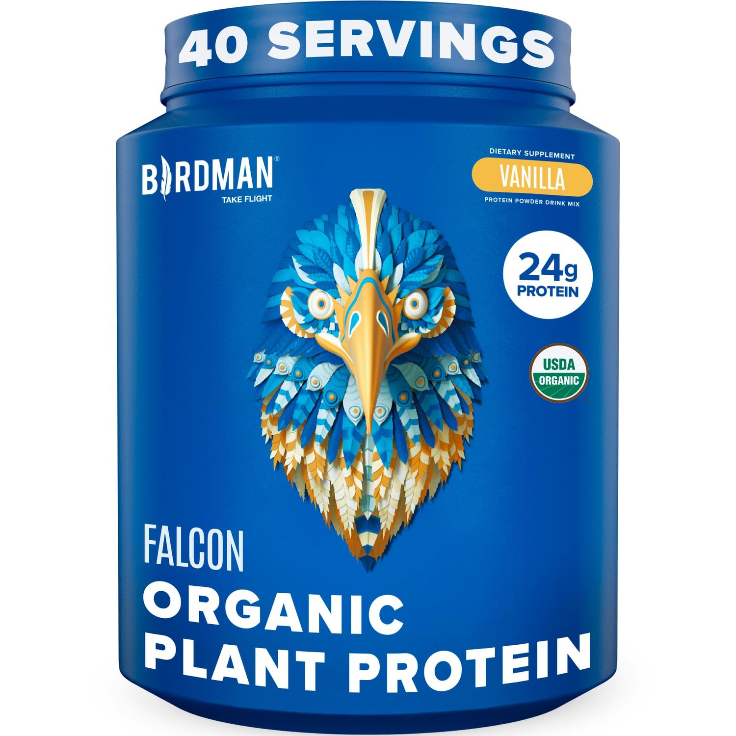 BIRDMAN Falcon Vegan Protein Powder Organic, Stevia &amp; Sugar Free, Plant Based Protein, Low Carb, Dairy Free, Keto, Non Whey Protein, Probiotic, Pea Protein | Vanilla Flavor - 40 Servings - 2.64lb