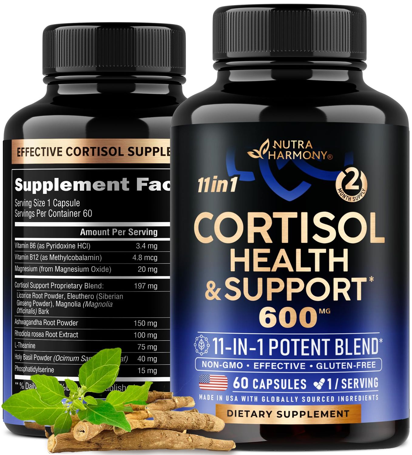 Cortisol Supplement - 11 in 1 Hormone Balance for Women - Made in USA Supplement - Mood, Focus, Sleep Support - Vegan, Non-GMO, Natural Pills - 60 Capsules, 2 Month Supply