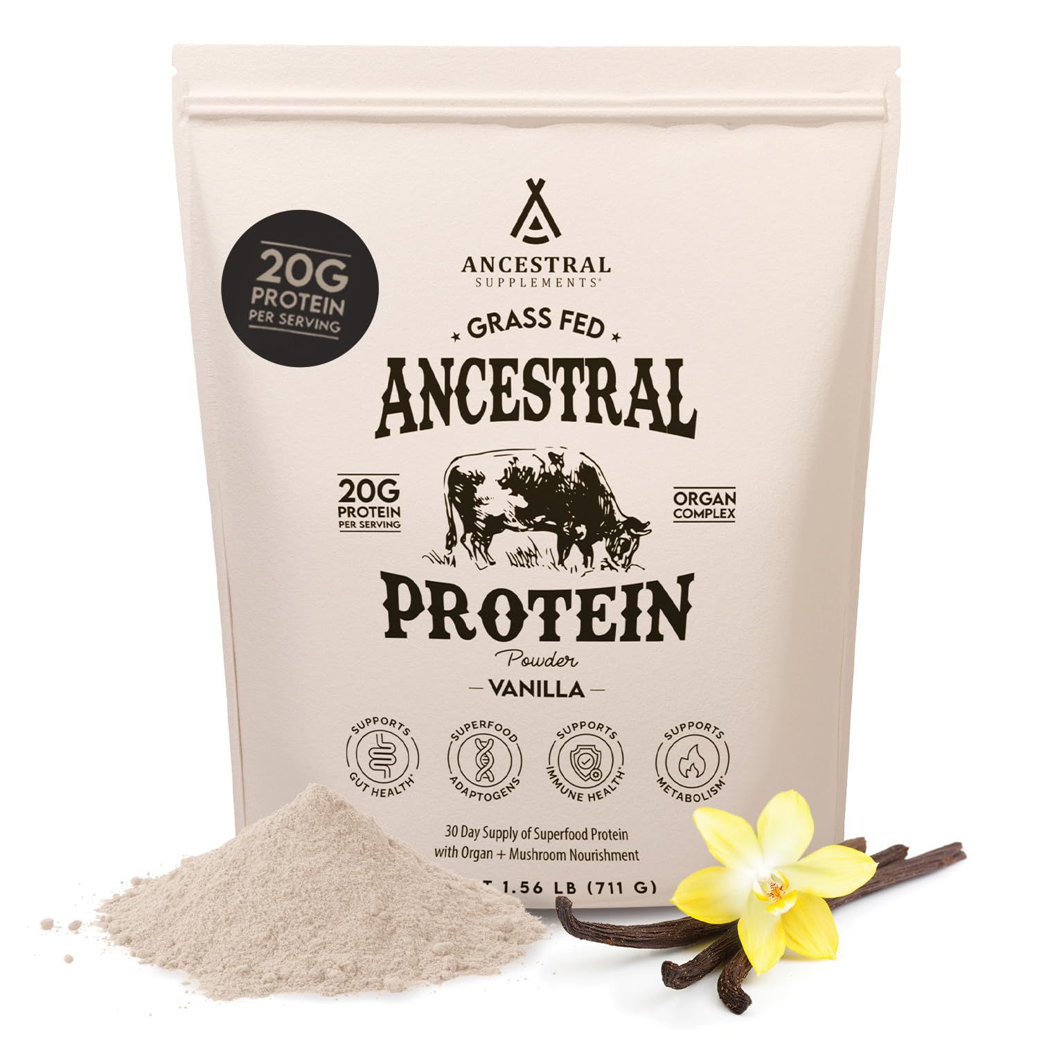 Ancestral Supplements Grass Fed Protein Powder, Vanilla, Beef Bone Broth Based with Beef Organs &amp; Organic Mushrooms, Gut Health Support, High Protein Supplement, 20g Protein Per Serving, 30 Day Supply