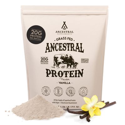 Ancestral Supplements Grass Fed Protein Powder, Vanilla, Beef Bone Broth Based with Beef Organs &amp; Organic Mushrooms, Gut Health Support, High Protein Supplement, 20g Protein Per Serving, 30 Day Supply