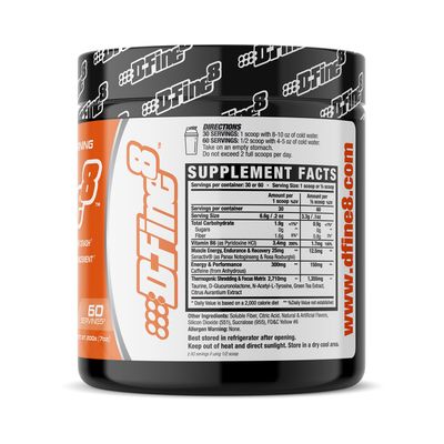 D-Fine8 Thermogenic Pre-Workout Energy Powder &amp; Shredding Supplement, Boost Energy Mood &amp; Focus, Sugar Free, Contains Senactiv, Endurance, 300mg Caffeine, N-Acetyl-L-Tyrosine (Mango Orange)