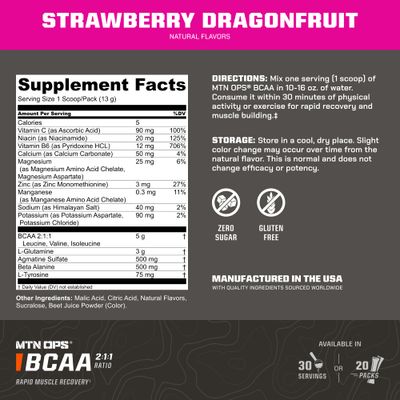 MTN OPS BCAA 2:1:1 Amino Acids Supplement Powder for Rapid Muscle Recovery &amp; Repair with Zero Sugar &amp; Gluten Free (30-Serving Tub, Strawberry Dragonfruit)
