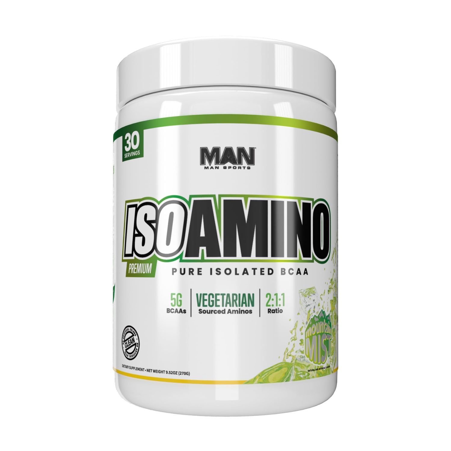 MAN Sports ISO Amino Pure Isolated BCAA Powder 270 Grams - Mountain Mist - Vegetarian Formula 2:1:1 Ratio - Natural Ingredients - No Fillers, No Artificial Colors - Lean Muscle Building Supplement
