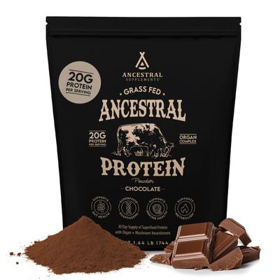 Ancestral Supplements Grass Fed Protein Powder, Chocolate, Beef Bone Broth Based w/Beef Organs &amp; Organic Mushrooms, Gut Health Support, High Protein Supplement, 20g Protein Per Serving, 30 Day Supply