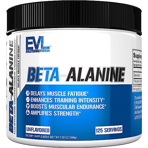 Evlution Nutrition Beta-Alanine - Supports Muscle Endurance, Intense Training &amp; Strength - 1.6g Pure Beta-Alanine Per Serving - Recovery - Dietary Supplement - Unflavored Powder - 125 Servings
