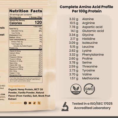 Cantein Organic Hemp Protein, Vegan Protein Powder, Plant Based Protein Powder, Organic Protein, Dairy Free Protein Powder, Clean Protein Powder for Women, Plant Protein Powder, Gluten Free- Vanilla