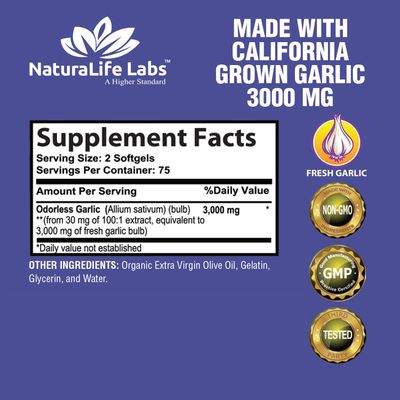 NaturaLife Labs A Higher Standard Odorless Pure Garlic 3000 mg per Serving Maximum Strength 150 Soft gels Immune System Support
