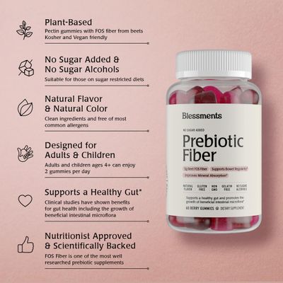 Blessments - Prebiotic Fiber Gummies for Adults &amp; Kids with No Added Sugar- 5g (60 Count) High Fiber Supplement Gummies - Vegan - Keto Friendly - Digestive Health Supplements