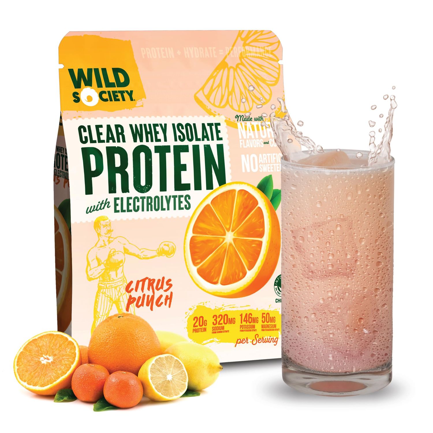 WILD SOCIETY - Premium Clear Whey Protein + Electrolytes - Refreshing Whey Protein Isolate Powder - 20g Protein, 0 Added Sugar, GMO-Free, Natural Flavors &amp; Colors - Citrus Punch, 16 oz
