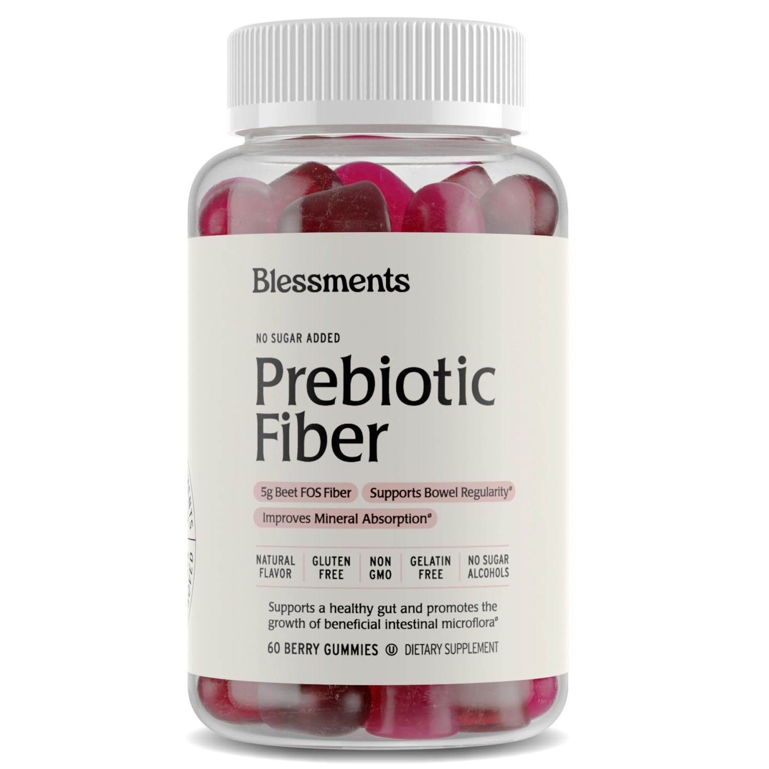 Blessments - Prebiotic Fiber Gummies for Adults &amp; Kids with No Added Sugar- 5g (60 Count) High Fiber Supplement Gummies - Vegan - Keto Friendly - Digestive Health Supplements