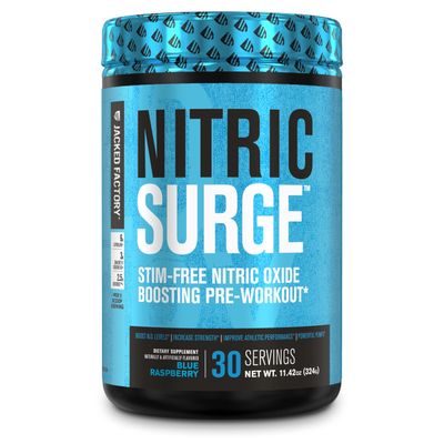 Nitric Surge Stim Free Pre Workout Powder - Caffeine Free Nitric Oxide Supplement w/Con-Cret Creatine, L Citrulline, &amp; GlycerSize Glycerol for Pumps &amp; Muscular Hydration - Blue Raspberry, 30 Servings